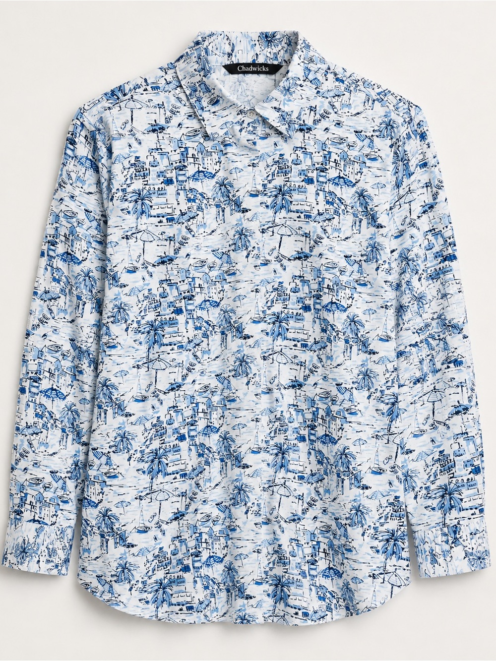 Chadwicks Coastal Print Button Front Shirt White Blue Cotton Women’s L Estimate